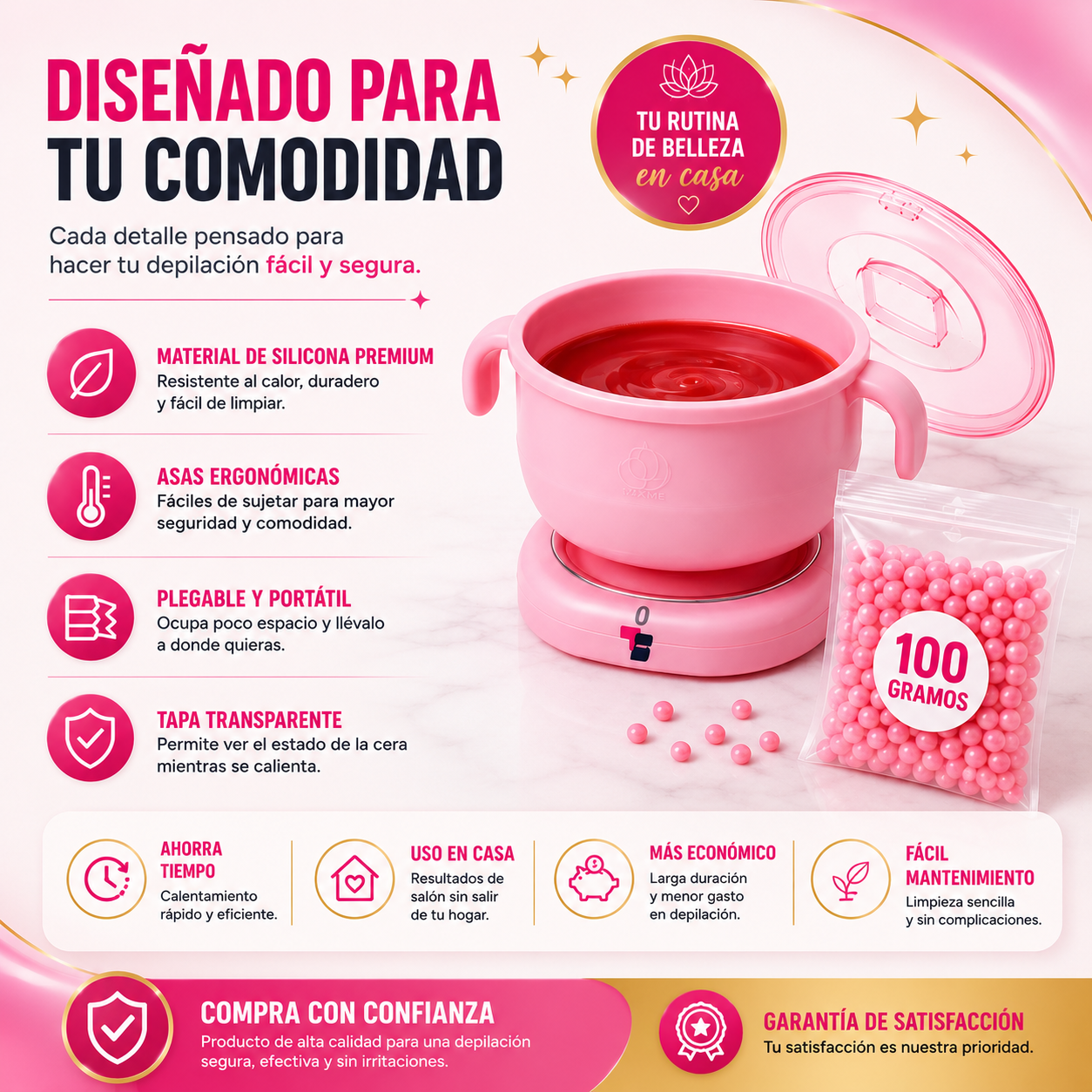 Kit de Depilación Profesional en Casa — Olla Calentadora + Cera en Perlas🌸