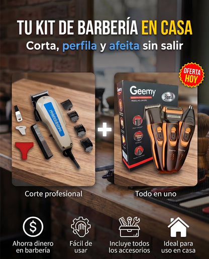 Super combo ✂️ Kit de Barbería 9 en 1: Máquina de Corte + Afeitadora 3 en 1 Geemy + Accesorios 🔥