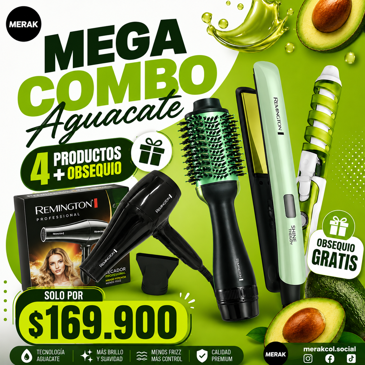 COMBO AGUACATE PLANCHA + SECADOR + CEPILLO + REGALO RIZADORA