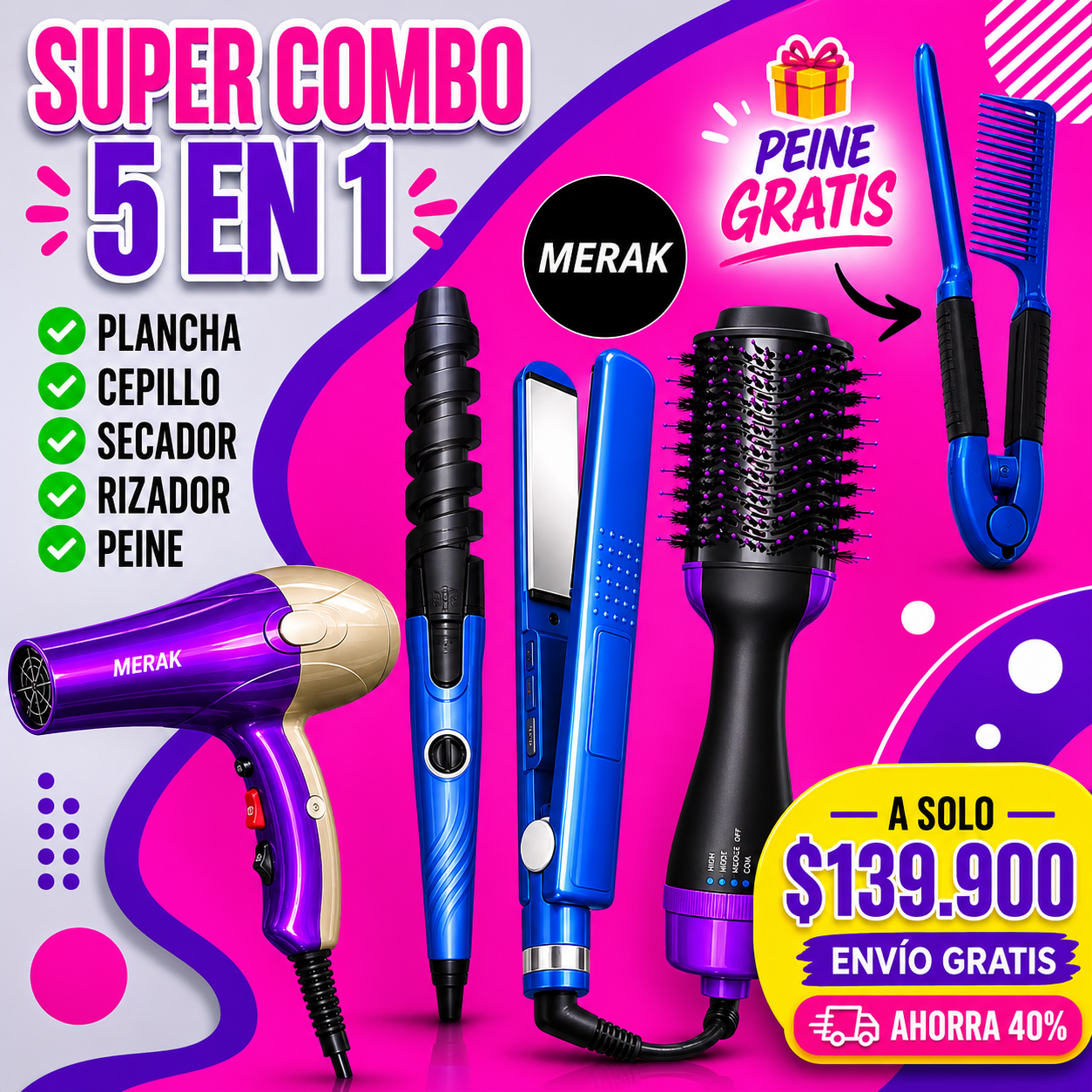 SUPER COMBO 5 EN 1 PLANCHA + CEPILLO + SECADOR + RIZADORA + REGALO PEINE🎁