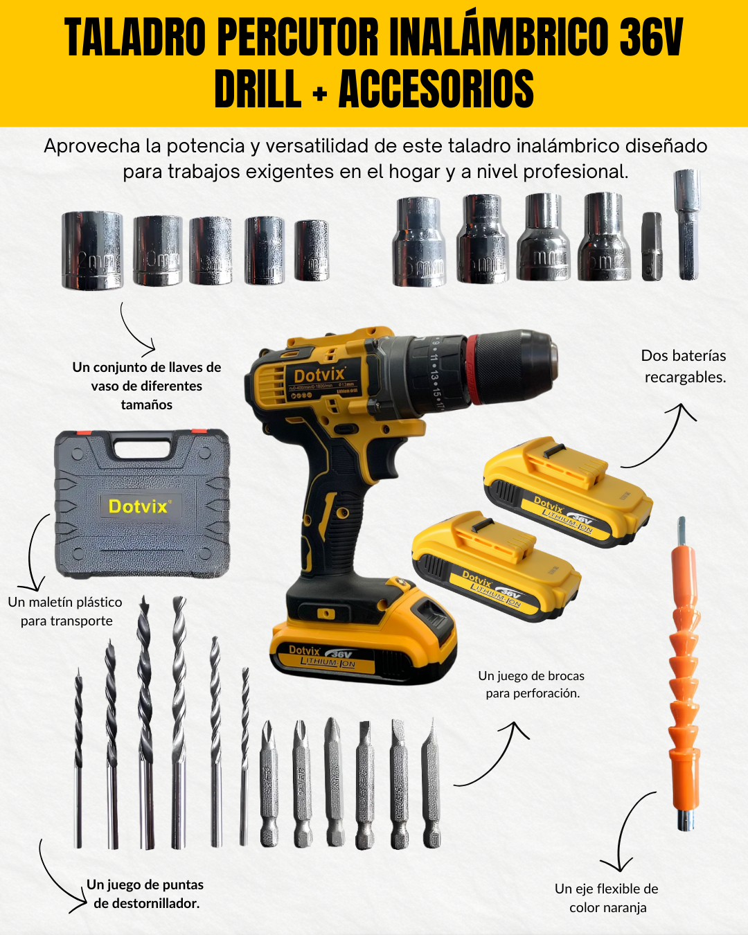 TALADRO PERCUTOR INALÁMBRICO 36V DRILL + ACCESORIOS🛠️