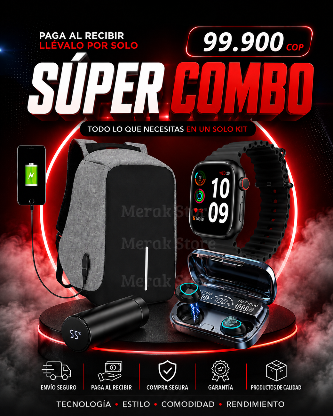 Super Combo Maletin Antirrobo Con Carga + Termo Digital + Reloj inteligente T500 + Obsequio de audifonos M10 🎁