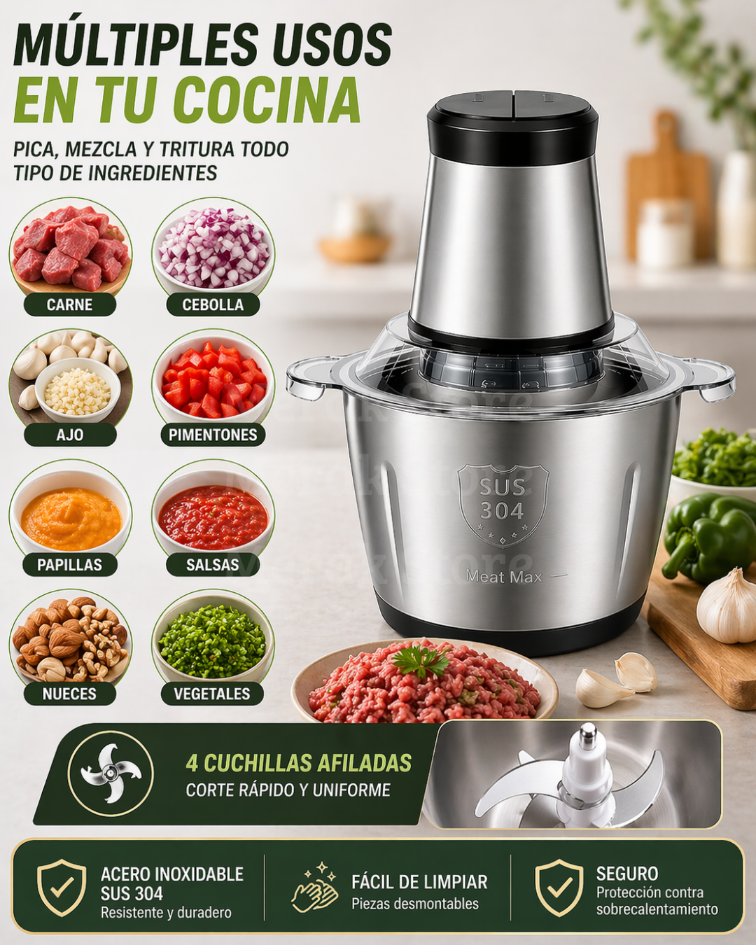 🔪 Molino Picador Eléctrico Acero Inoxidable 2 Litros 🔥 (Tamaño grande)
