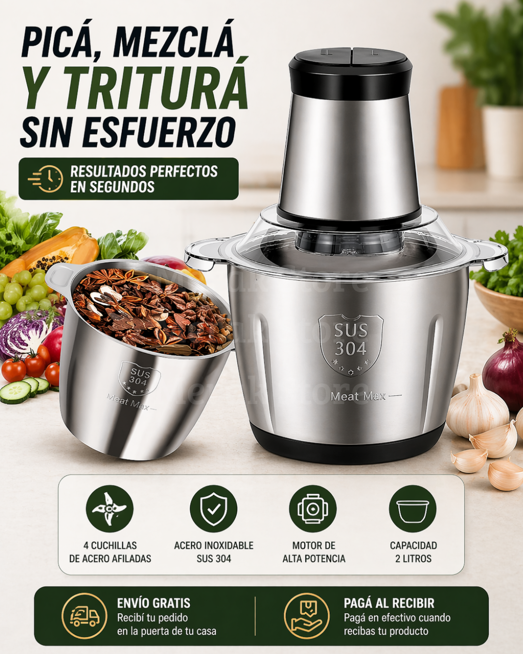 🔪 Molino Picador Eléctrico Acero Inoxidable 2 Litros 🔥 (Tamaño grande)