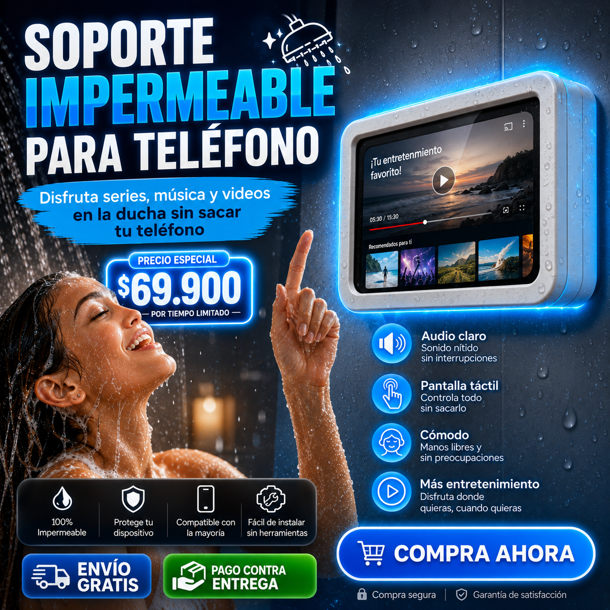 🚿Soporte Impermeable Para Telefono- Táctil y Fácil de Instalar🫧