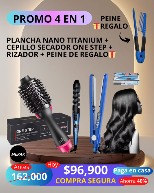 SUPER COMBO 4 EN 1 PLANCHA + CEPILLO + RIZADORA + REGALO PEINE🎁