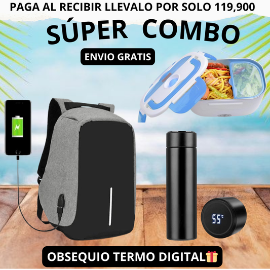 Super Combo Maleta Antirrobo Con Carga+ Lonchera electrica + Termo Digital
