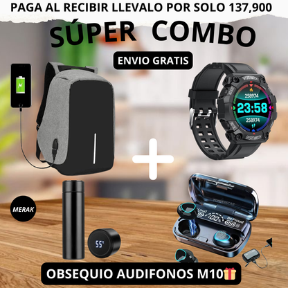 Super Combo Maleta Antirrobo Con Carga+Termo Digital+ Reloj inteligente FD68 + Obsequio de audifonos M10🎁