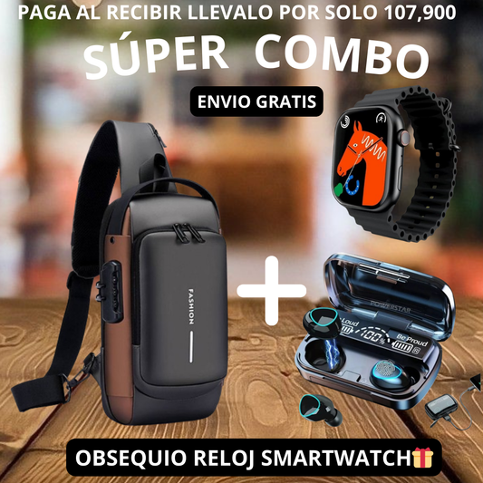 Super Combo Bolso Antirrobo con sistema de clave + Audifonos M10 + Obsequio De Reloj inteligente T500🎁