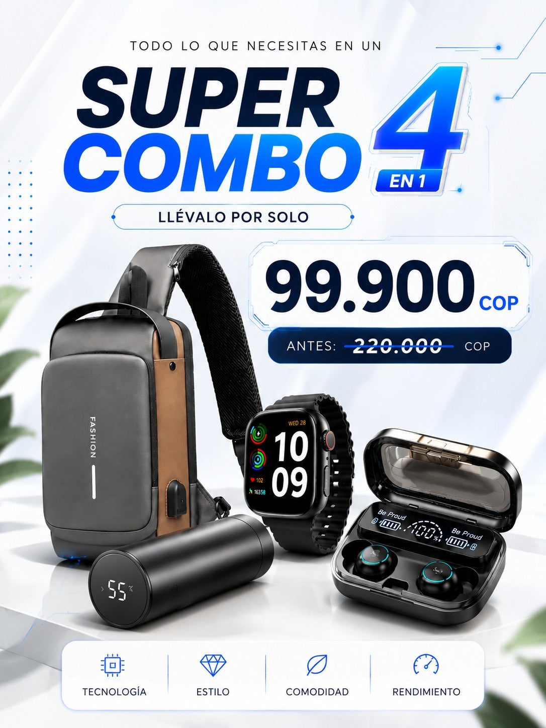 Super Combo Bolso Antirrobo Con Sistema De Clave + Termo Digital + Reloj inteligente T500 + Obsequio de audifonos M10 🎁