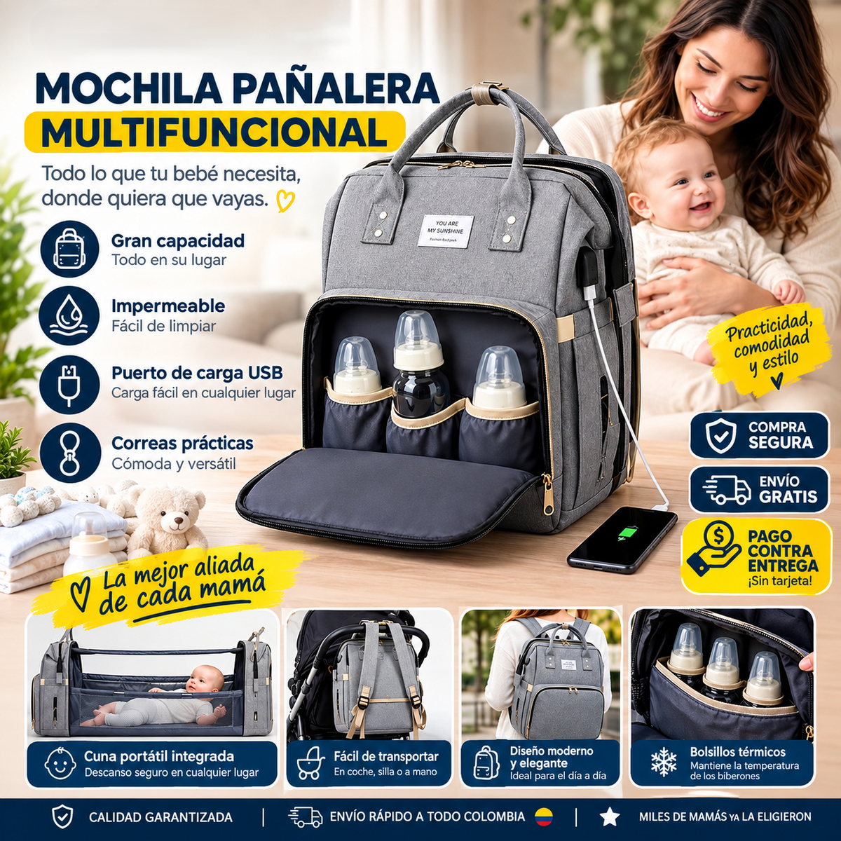 Bolso Pañalera Multiusos Con Cuna Portátil 💼👶